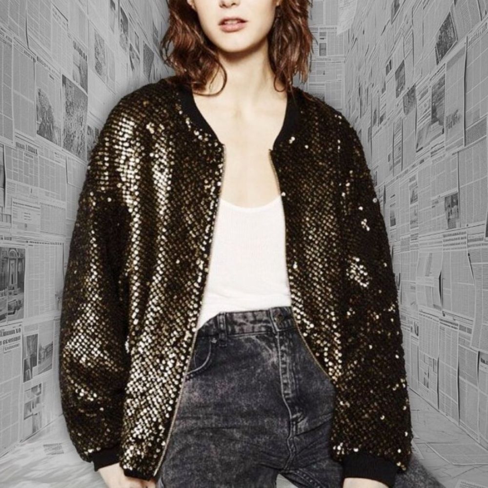 Zara Black & Gold Sequin Bomber Flight Jacket M/L